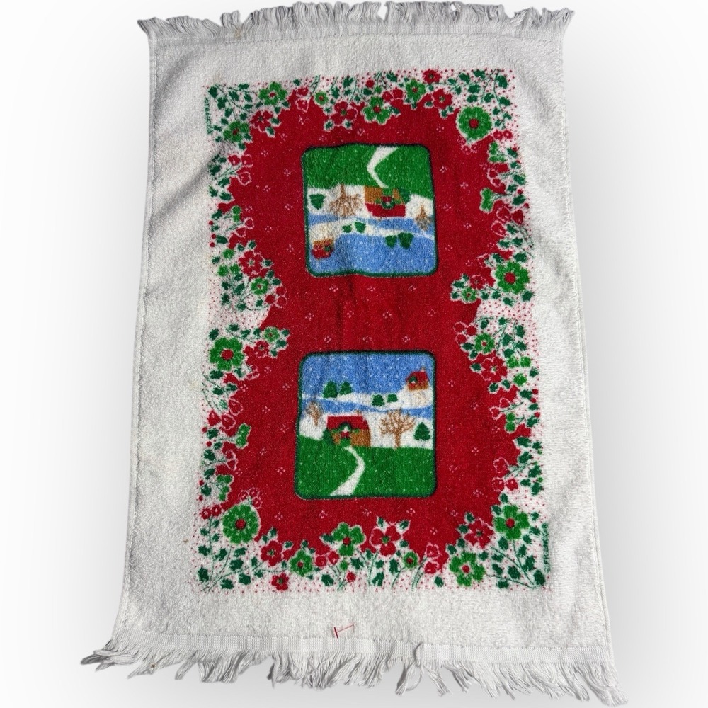 Vtg Cannon‎ Kitchen Hand Towel Christmas Cabin Snow Blue  Holiday Vintage Fringe